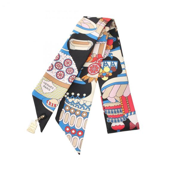 HERMES LA PATISSERIE FRANCAISE Twilly Silk Scarf Black Multicolor - Picture 1 of 6